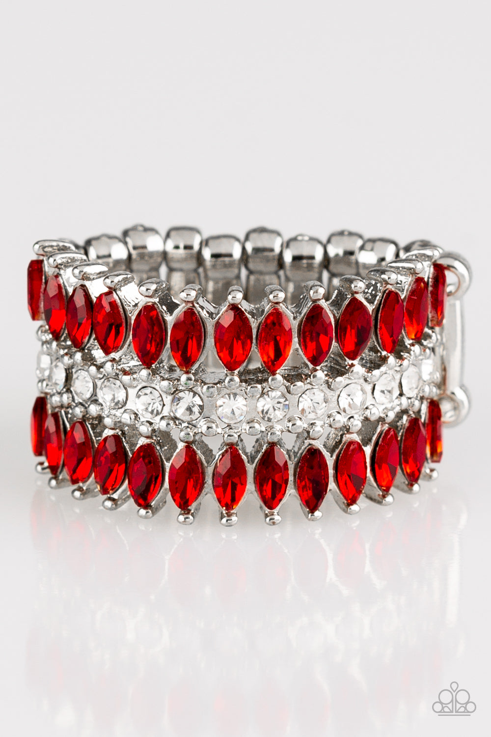 Featuring refined marquise cuts, glittery red rhinestones flare from a center of glassy white rhinestones, creating a regal band across the finger. Features a stretchy band for a flexible fit. Sold as one individual ring.
