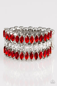 Featuring refined marquise cuts, glittery red rhinestones flare from a center of glassy white rhinestones, creating a regal band across the finger. Features a stretchy band for a flexible fit.  Sold as one individual ring.