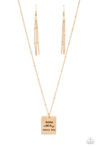 Infused with dainty gold studs on a dainty gold chain, a gold rectangular plate is stamped with the phrase "mama all day every day," for a monochromatic, minimalistic tribute. Features an adjustable clasp closure.  Sold as one individual necklace. Includes one pair of matching earrings.