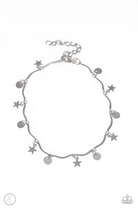 A fringe of sleek silver stars and discs swings from a dainty silver overlay chain, creating whimsical movement around the ankle. Features an adjustable clasp closure.  Sold as one individual anklet.