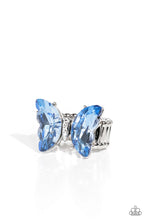 Load image into Gallery viewer, Featuring a faceted crystal finish, a pair of glittery blue gems adorns the scalloped wings of a rhinestone-bodied silver butterfly atop the finger for an eye-catching finish. Features a stretchy band for a flexible fit.  Sold as one individual ring.
