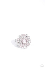 Load image into Gallery viewer, An explosion of white gems and dainty glossy baby pink pearls encircle a larger baby pink pearl center, creating a glamorous silver centerpiece atop the finger. Features a stretchy band for a flexible fit.  Sold as one individual ring.
