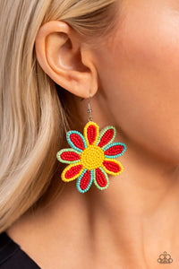 Layers of red seed bead petals, encased in seed bead frames of yellow, apple, and tiffany, fan out from a yellow seed bead center, blooming into a textured floral lure. Earring attaches to a standard fishhook fitting.  Sold as one pair of earrings.