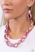 Load image into Gallery viewer, Tender Peach and a softer shade of Rose Violet concaved hoops gradually increase in size as they elongate towards the middle of the neckline for a colorful combination. Features an adjustable clasp closure.  Sold as one individual necklace. Includes one pair of matching earrings.
