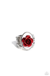 Featuring a white shell backdrop, high-sheen red petals fan out from the center of the oval display, creating a regal rose atop airy silver bands on the finger. Features a stretchy band for a flexible fit.  Sold as one individual ring.