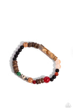 Load image into Gallery viewer, Infused along a stretchy band around the wrist, a strand of colorful glassy, stone, and acrylic beads joins a spotted collection of wood beads for a colorfully urban look. As the stone elements in this piece are natural, some color variation is normal.  Sold as one individual bracelet.
