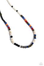 Load image into Gallery viewer, Colorful sections of multicolored beads and gray crackle bead accents adorn a strand of chiseled and round white marbled stones and stone beads, creating an earthy compliment below the collar. Features an adjustable clasp closure. As the stone elements in this piece are natural, some color variation is normal.  Sold as one individual necklace.
