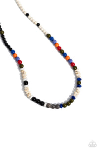 Colorful sections of multicolored beads and gray crackle bead accents adorn a strand of chiseled and round white marbled stones and stone beads, creating an earthy compliment below the collar. Features an adjustable clasp closure. As the stone elements in this piece are natural, some color variation is normal.  Sold as one individual necklace.