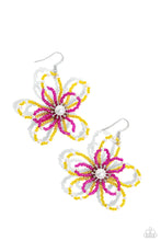 Load image into Gallery viewer, A glossy white pearl blooms from the center of a layered Pink Peacock and High Visibility glassy seed bead flower, infused with additional dainty white pearls, creating a colorful floral frame. Earring attaches to a standard fishhook fitting.  Sold as one pair of earrings.
