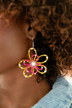 Load image into Gallery viewer, A glossy white pearl blooms from the center of a layered Pink Peacock and High Visibility glassy seed bead flower, infused with additional dainty white pearls, creating a colorful floral frame. Earring attaches to a standard fishhook fitting.  Sold as one pair of earrings.
