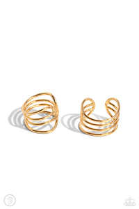 Row after row of dainty, flat gold bars arc across the ear, coalescing into an adjustable, one-size-fits-all stacked cuff that demands attention.  Sold as one pair of cuff earrings.
