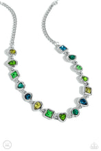 Load image into Gallery viewer, Featuring various shapes and shades of green, a collection of teardrop, round, heart, and square-cut gems in matching silver frames coalesce around the neckline for an abstract display of color and charm. Features an adjustable clasp closure.  Sold as one individual choker necklace. Includes one pair of matching earrings.
