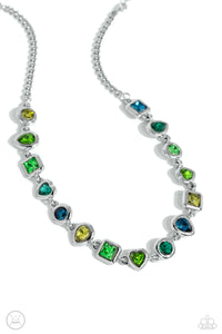 Featuring various shapes and shades of green, a collection of teardrop, round, heart, and square-cut gems in matching silver frames coalesce around the neckline for an abstract display of color and charm. Features an adjustable clasp closure.  Sold as one individual choker necklace. Includes one pair of matching earrings.