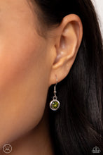 Load image into Gallery viewer, Featuring various shapes and shades of green, a collection of teardrop, round, heart, and square-cut gems in matching silver frames coalesce around the neckline for an abstract display of color and charm. Features an adjustable clasp closure.  Sold as one individual choker necklace. Includes one pair of matching earrings.
