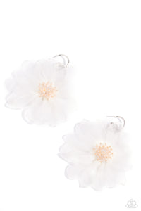 A duo of asymmetrical silver hoops link as they tumble from the ear, coalescing into an abstract lure. Attached to the bottom of the elongated display, oversized white chiffon petals bloom around opalescent-tinted beads, creating a fantastical floral frenzy. Earring attaches to a standard post fitting. Hoop measures approximately 1" in diameter. Due to its prismatic palette, color may vary.  Sold as one pair of hoop earrings.