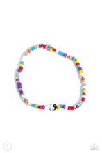 Load image into Gallery viewer, Infused along an elastic stretchy band, multicolored seed beads, silver studs, circular colored stones, a silver star, and a yin-yang bead coalesce around the ankle for a fun-loving display. Sold as one individual anklet.
