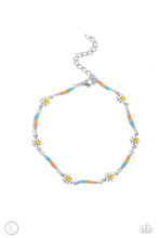 Load image into Gallery viewer, Infused along a classic silver chain, turquoise, coral, and glassy yellow seed beads alternate with white daisy charms around the ankle for an optimistic display. Features an adjustable clasp closure. Sold as one individual anklet.
