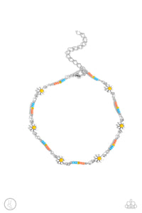 Infused along a classic silver chain, turquoise, coral, and glassy yellow seed beads alternate with white daisy charms around the ankle for an optimistic display. Features an adjustable clasp closure. Sold as one individual anklet.