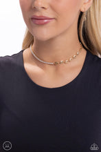 Load image into Gallery viewer, A strand of gold anchor chain collides with emerald-cut white gems that perfectly line up to create an abstract blend of glitz and high sheen. Features an adjustable clasp closure. Sold as one individual choker necklace. Includes one pair of matching earrings.
