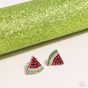 Featuring red, black, white, and green rhinestones, a silver watermelon-inspired post glitters from the ear for a fresh, fruity design. Earring attaches to a standard post fitting. Sold as one pair of post earrings.