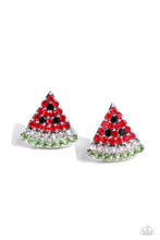 Load image into Gallery viewer, Featuring red, black, white, and green rhinestones, a silver watermelon-inspired post glitters from the ear for a fresh, fruity design. Earring attaches to a standard post fitting. Sold as one pair of post earrings.
