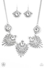 Load image into Gallery viewer, Textured metal bars flare out from a mesmerizing gem, creating a fringe of fanning frames. Sprinkled with matching white rhinestones, the dazzling display falls just below the collar for a sassy Blockbuster finish. Features an adjustable clasp closure.  Sold as one individual necklace. Includes one pair of matching earrings.
