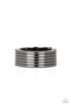 Load image into Gallery viewer, A thick gunmetal band is lined in stacked linear textures for a sleek metro look. Features a stretchy band for a flexible fit.  Sold as one individual ring.
