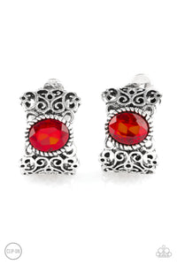 Brushed in an antiqued shimmer, vine-like filigree climbs into a glistening silver hoop. A glittery red rhinestone is pressed into the top of the frame for a regal finish. Earring attaches to a standard clip-on fitting. Sold as one pair of clip-on earrings.